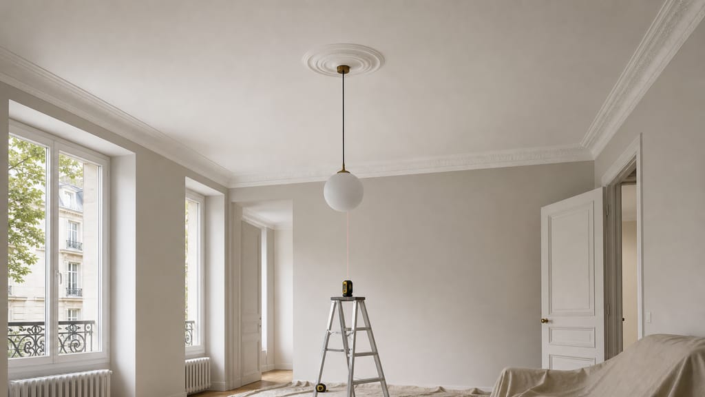 Calculer la surface d’un plafond Pièce lumineuse avec plafond blanc et suspension ronde