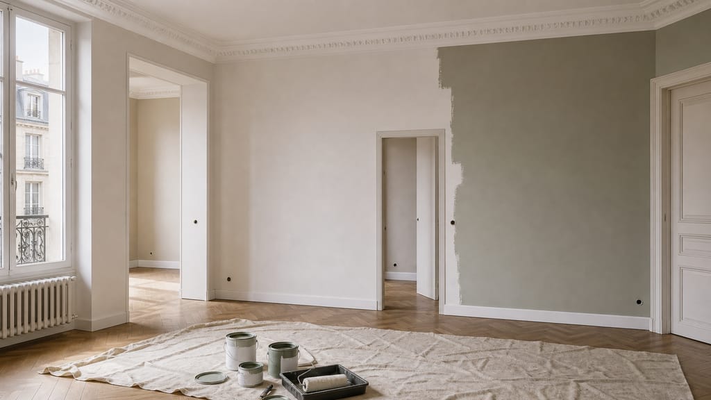 Surface à peindre dans une pièce Pièce lumineuse avec murs clairs, plafond blanc et ouvertures visibles