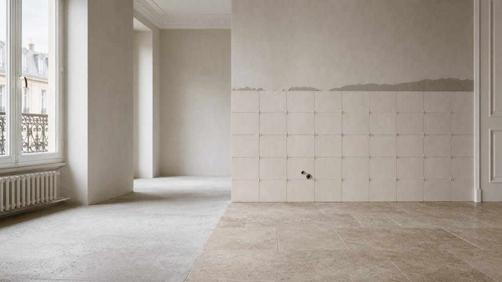 Carrelage au sol ou au mur Pièce lumineuse avec carrelage au sol et faïence murale en cours de pose