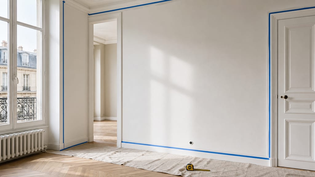 Mesurer un mur avant peinture Salon clair avec grand mur blanc, canapé bas et lumière naturelle