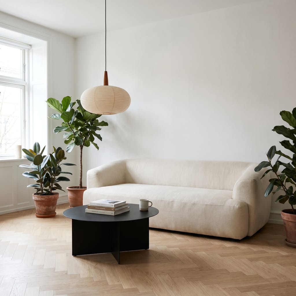 Intérieur de maison rénovée Salon rénové, mur clair, canapé bas et lumière naturelle