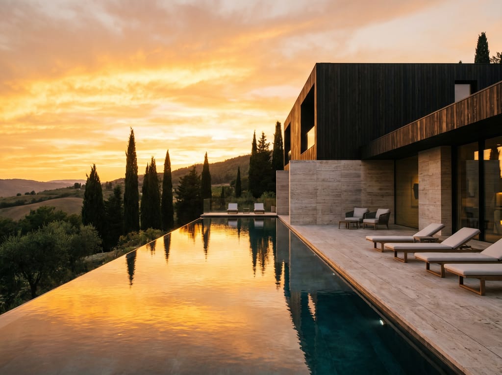 Maison avec terrasse et piscine Maison d'architecte avec piscine au coucher du soleil