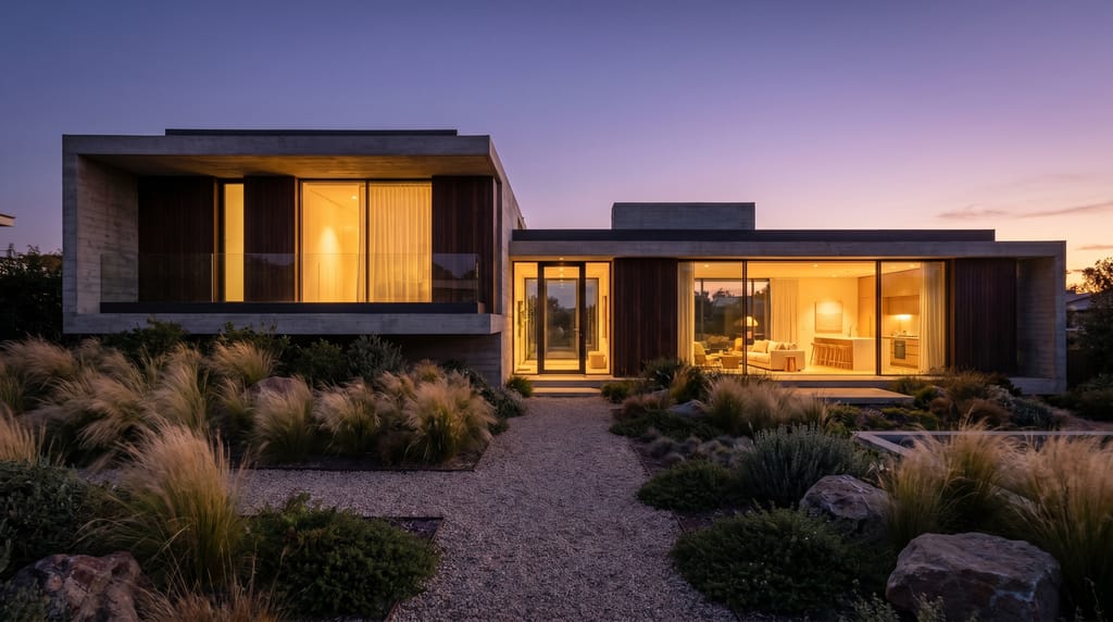 Maison contemporaine au crépuscule Maison contemporaine au crépuscule, intérieur chaud derrière les baies vitrées
