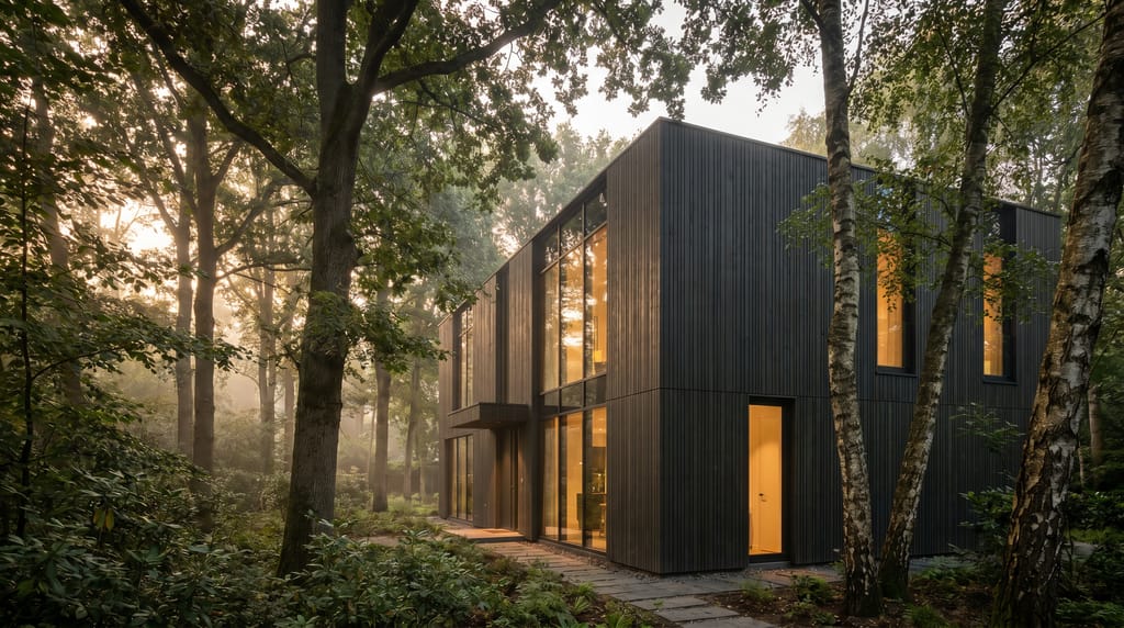 Maison contemporaine en forêt Maison contemporaine au bardage sombre, baies vitrées allumées et arbres en arrière-plan