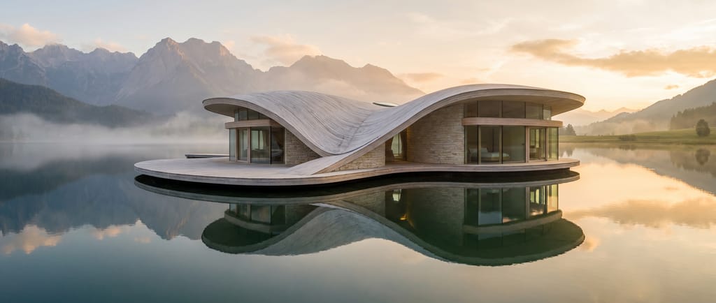Maison contemporaine au bord de l'eau Maison d'architecte au bord d'un lac, volumes courbes et reflet dans l'eau